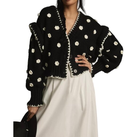 Sweaters - Women's Floral Cardigan Sweater Chunky Knit Drop Shoulder V Neck Button